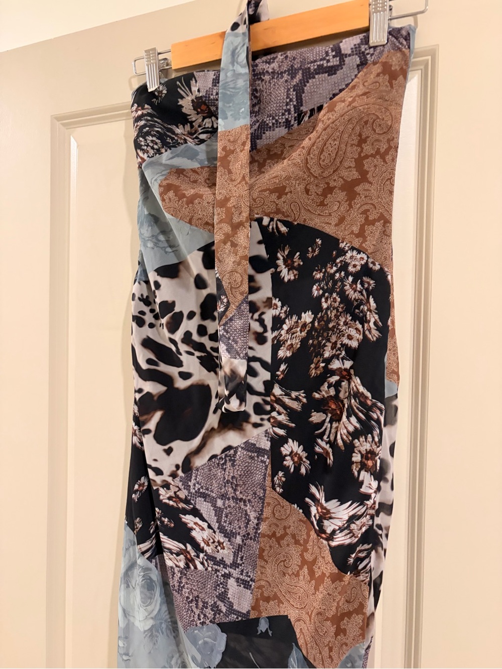 ASOS Mixed-Print Maxi Dress with matching neck scarf in Black, Brown & Pale Blue